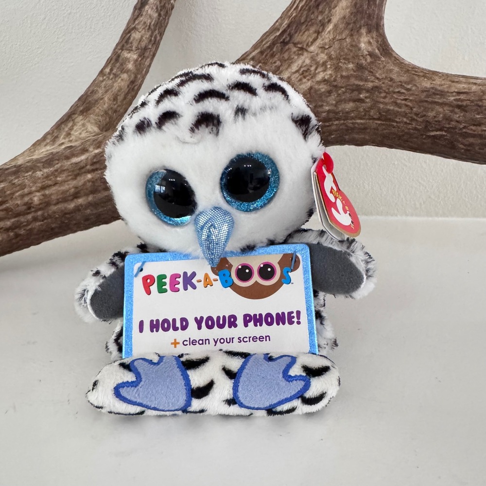 Ty Peek-A-Boos Omar Snowy Owl Plush Phone Holder Screen Cleaner NWT 00015